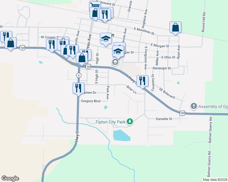 map of restaurants, bars, coffee shops, grocery stores, and more near 902 Park Avenue in Tipton