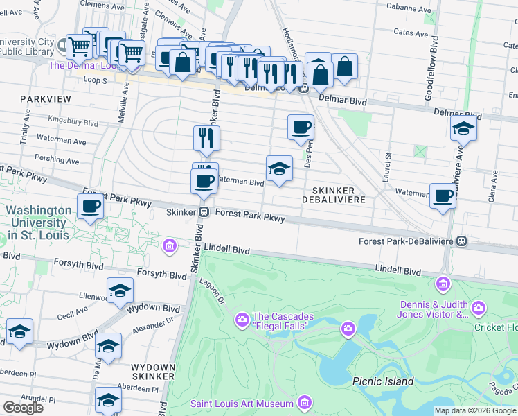 map of restaurants, bars, coffee shops, grocery stores, and more near 6100 Pershing Avenue in St. Louis