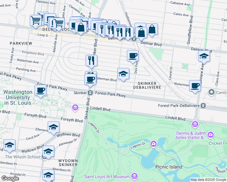 map of restaurants, bars, coffee shops, grocery stores, and more near 6104 Pershing Avenue in St. Louis