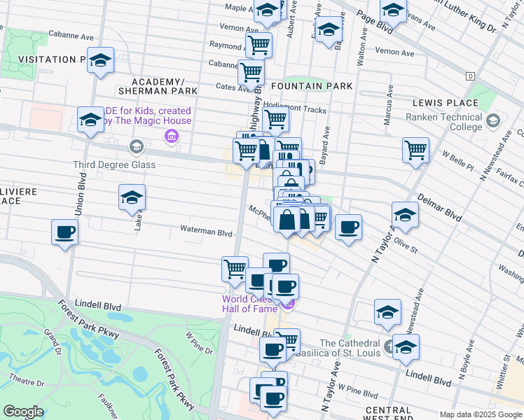 map of restaurants, bars, coffee shops, grocery stores, and more near 4946 McPherson Avenue in St. Louis
