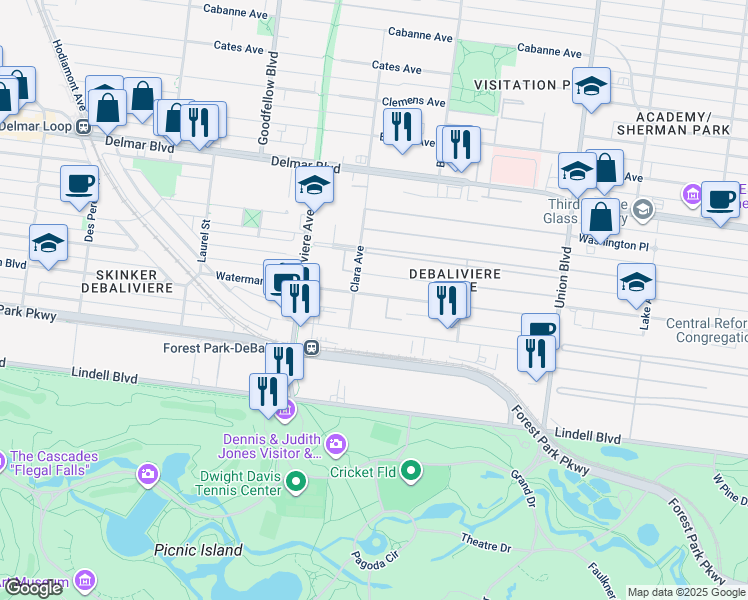 map of restaurants, bars, coffee shops, grocery stores, and more near 5604 Waterman Boulevard in St. Louis