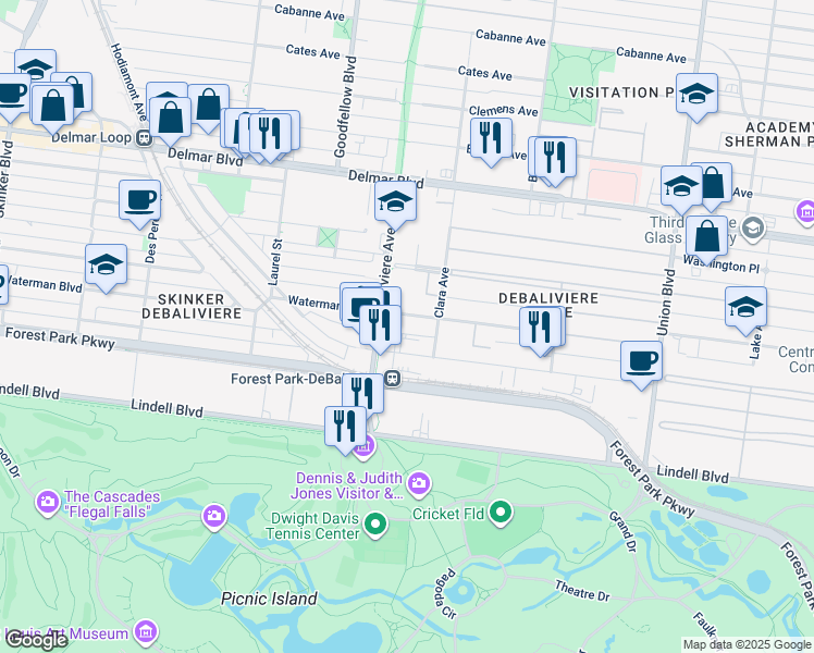 map of restaurants, bars, coffee shops, grocery stores, and more near 5615 Pershing Avenue in St. Louis