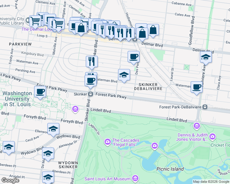 map of restaurants, bars, coffee shops, grocery stores, and more near 6100 Pershing Avenue in St. Louis