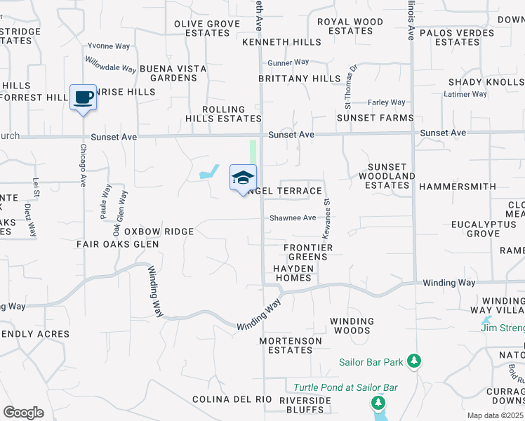map of restaurants, bars, coffee shops, grocery stores, and more near 4623 Kenneth Avenue in Fair Oaks