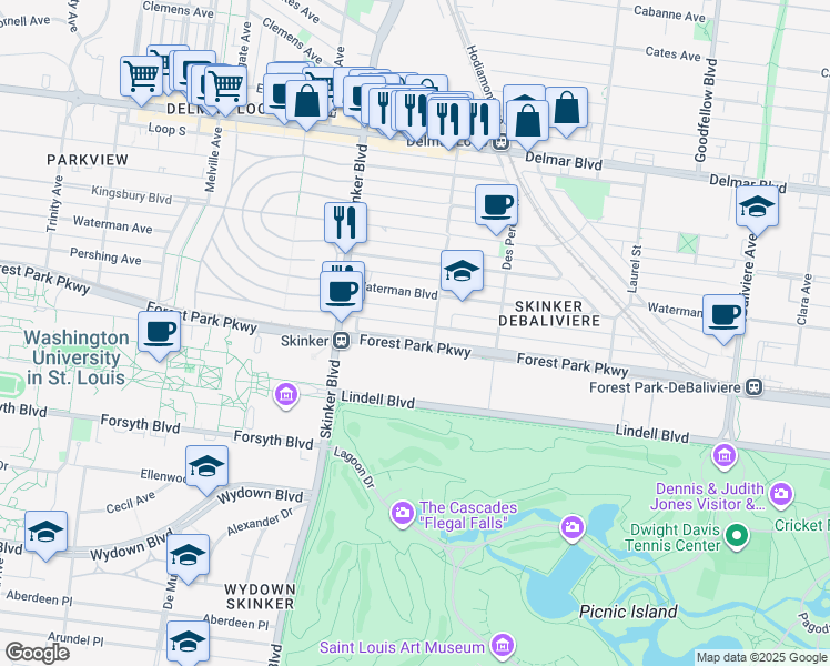 map of restaurants, bars, coffee shops, grocery stores, and more near 6116 Pershing Avenue in St. Louis