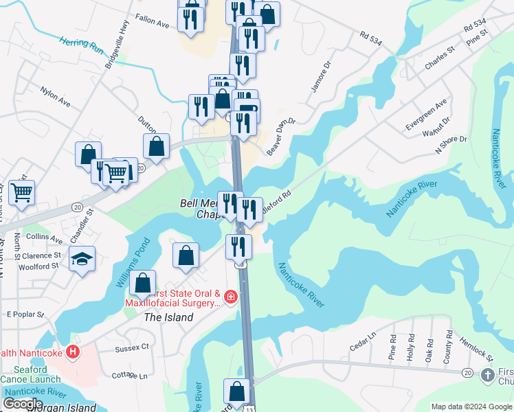 map of restaurants, bars, coffee shops, grocery stores, and more near 9109 Middleford Road in Seaford