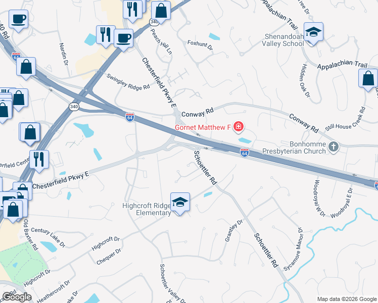 map of restaurants, bars, coffee shops, grocery stores, and more near 1312 Oaktree Estates Lane in Chesterfield