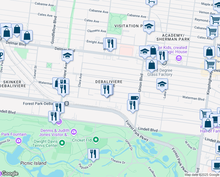 map of restaurants, bars, coffee shops, grocery stores, and more near 5501 Waterman Boulevard in St. Louis