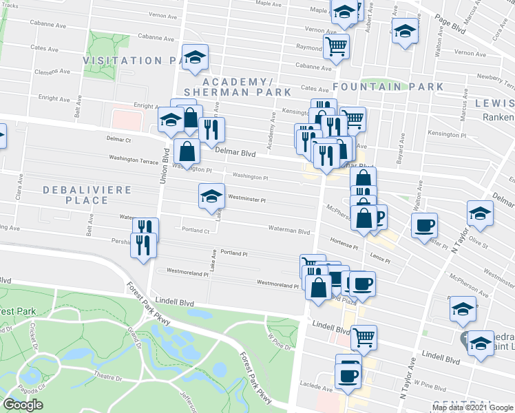 map of restaurants, bars, coffee shops, grocery stores, and more near 5123 Waterman Boulevard in St. Louis