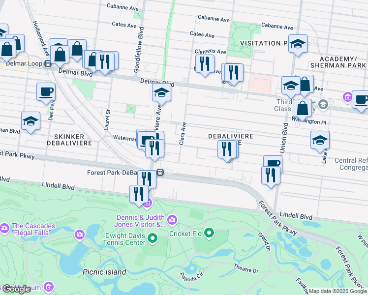 map of restaurants, bars, coffee shops, grocery stores, and more near 5604 Waterman Boulevard in St. Louis