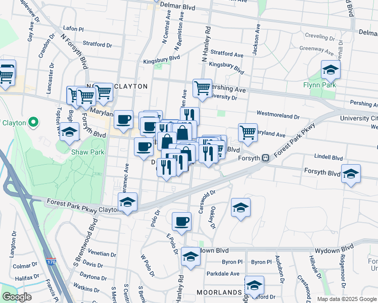 map of restaurants, bars, coffee shops, grocery stores, and more near 18 South Hanley Road in St. Louis