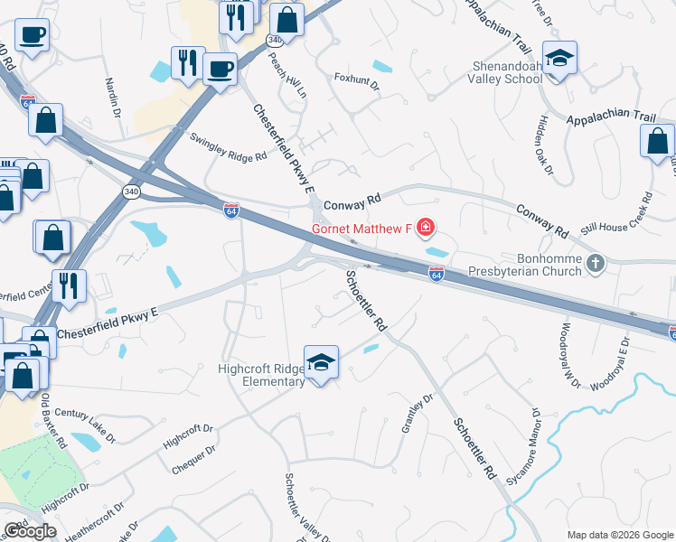 map of restaurants, bars, coffee shops, grocery stores, and more near 1312 Oaktree Estates Lane in Chesterfield