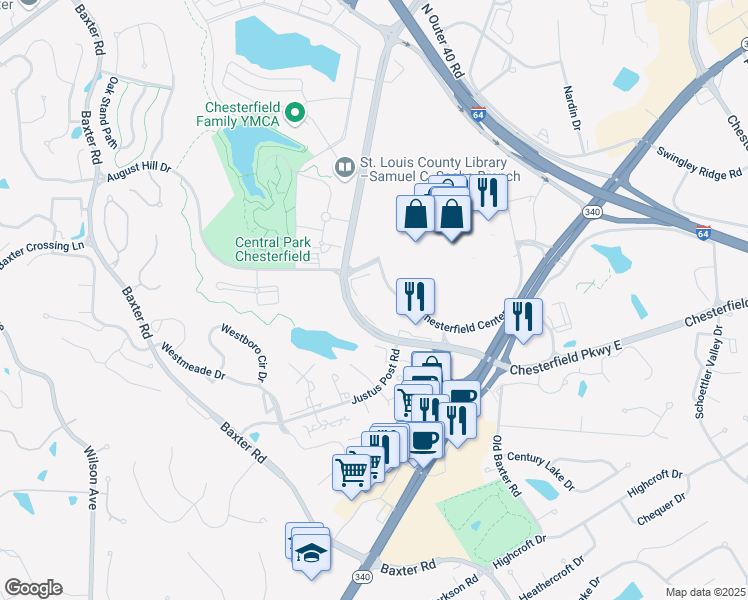 map of restaurants, bars, coffee shops, grocery stores, and more near 16301-16481 Chesterfield Parkway West in Chesterfield