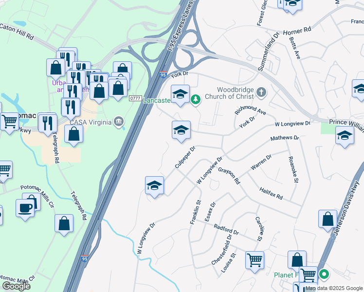 map of restaurants, bars, coffee shops, grocery stores, and more near 2201 York Drive in Woodbridge