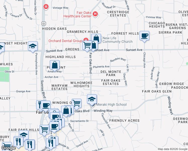 map of restaurants, bars, coffee shops, grocery stores, and more near 8116 Shangrila Drive in Fair Oaks