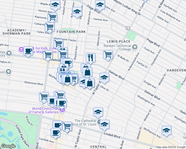 map of restaurants, bars, coffee shops, grocery stores, and more near 4549 Olive Street in St. Louis