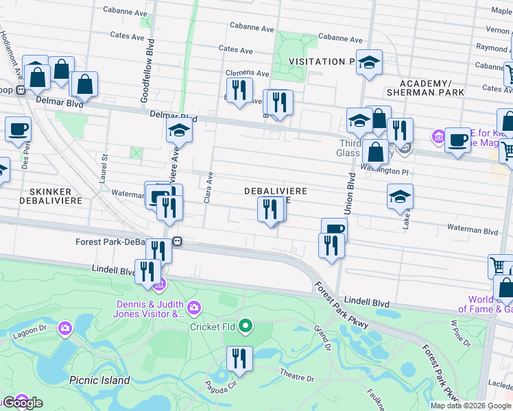 map of restaurants, bars, coffee shops, grocery stores, and more near 5518 Waterman Boulevard in St. Louis
