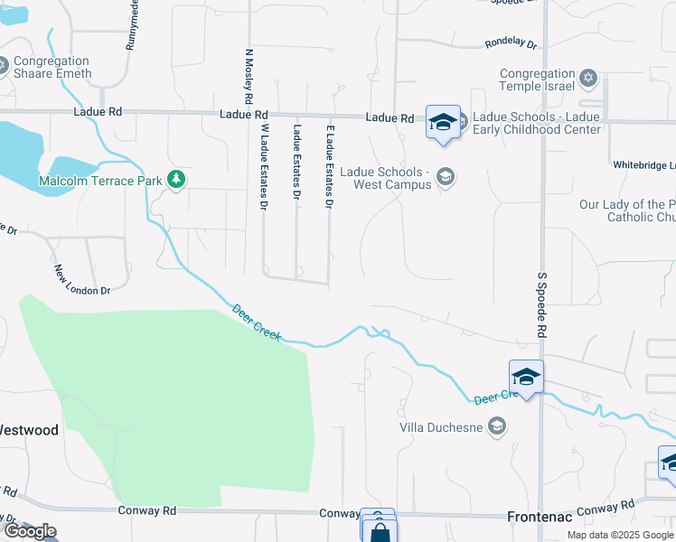 map of restaurants, bars, coffee shops, grocery stores, and more near 297 South Graeser Road in Creve Coeur