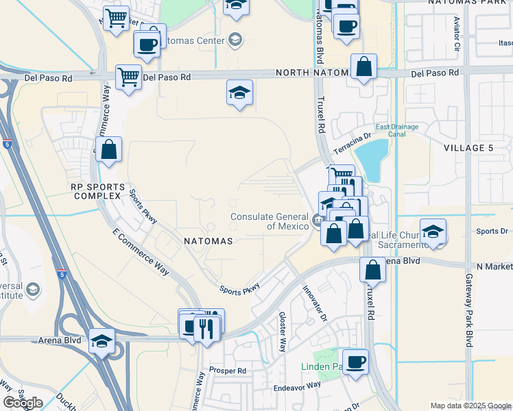 map of restaurants, bars, coffee shops, grocery stores, and more near 1 Sports Parkway in Sacramento