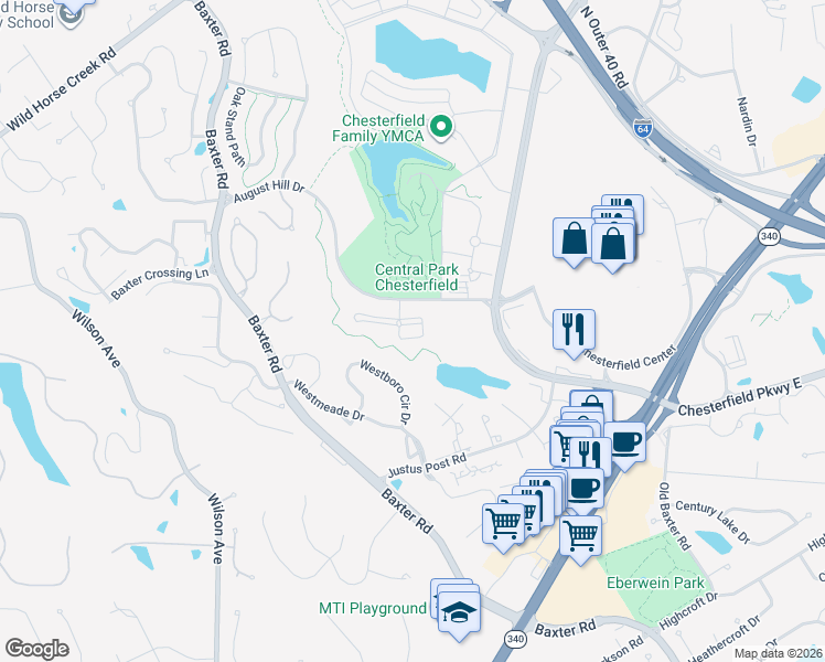 map of restaurants, bars, coffee shops, grocery stores, and more near 6 Monarch Trace Court in Chesterfield