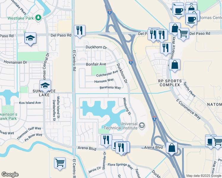 map of restaurants, bars, coffee shops, grocery stores, and more near 3366 Beretania Way in Sacramento