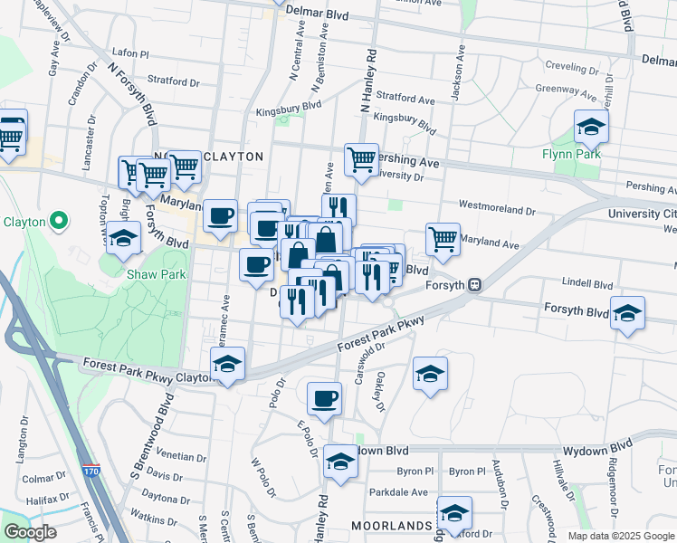 map of restaurants, bars, coffee shops, grocery stores, and more near 7700 Forsyth Boulevard in Saint Louis