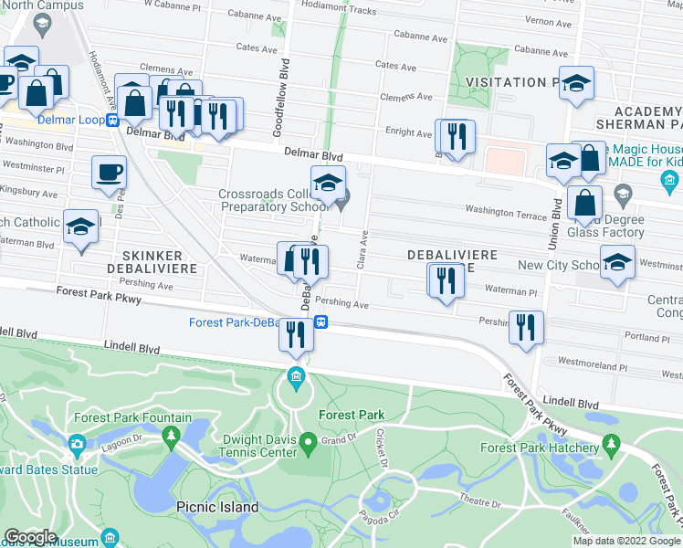 map of restaurants, bars, coffee shops, grocery stores, and more near 5615 Pershing Avenue in St. Louis