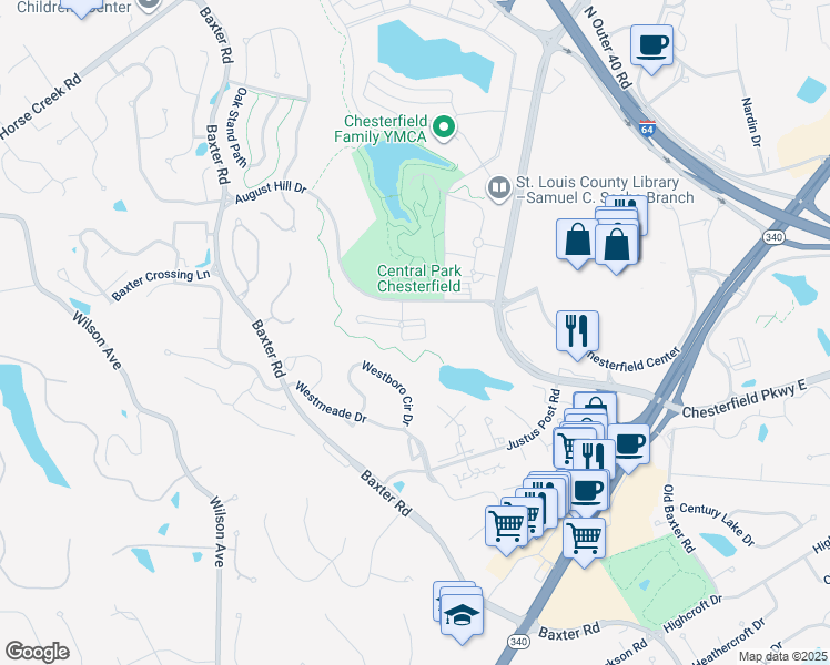 map of restaurants, bars, coffee shops, grocery stores, and more near 6 Monarch Trace Court in Chesterfield