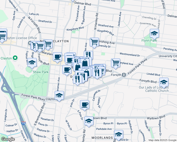 map of restaurants, bars, coffee shops, grocery stores, and more near 18 South Hanley Road in St. Louis