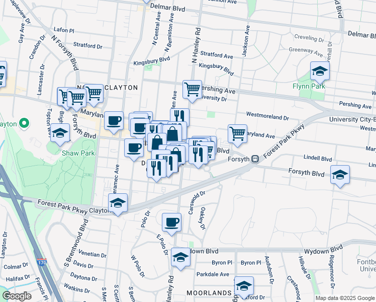 map of restaurants, bars, coffee shops, grocery stores, and more near 18 South Hanley Road in St. Louis
