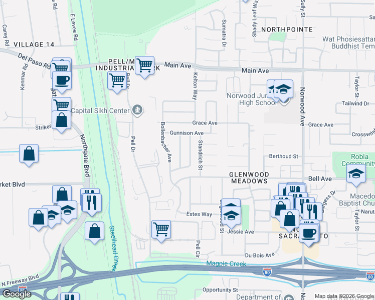 map of restaurants, bars, coffee shops, grocery stores, and more near 4493 Breckenridge Way in Sacramento