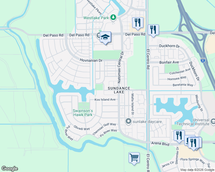 map of restaurants, bars, coffee shops, grocery stores, and more near 3801 Lake Katie Way in Sacramento