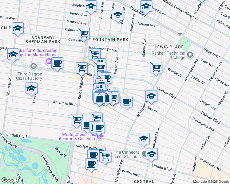 map of restaurants, bars, coffee shops, grocery stores, and more near 4732 Westminster Place in St. Louis