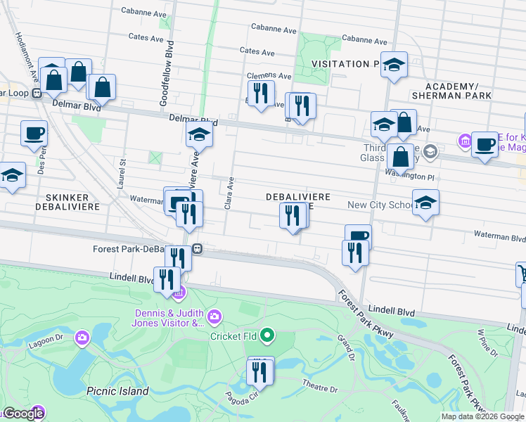 map of restaurants, bars, coffee shops, grocery stores, and more near 5560 Waterman Boulevard in St. Louis