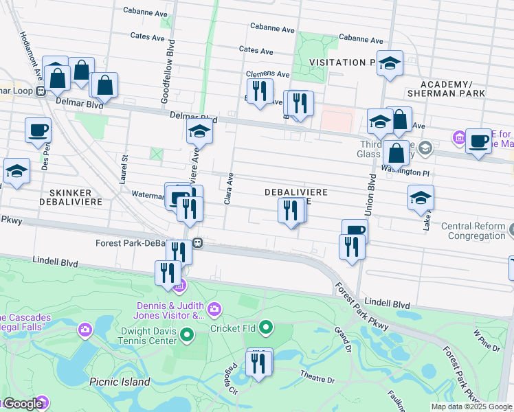 map of restaurants, bars, coffee shops, grocery stores, and more near 5560 Waterman Boulevard in St. Louis