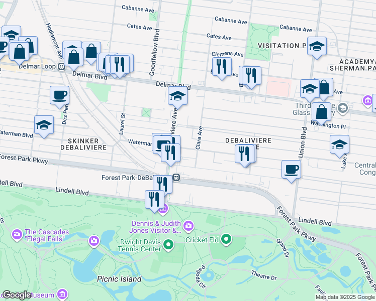 map of restaurants, bars, coffee shops, grocery stores, and more near 5615 Pershing Avenue in St. Louis