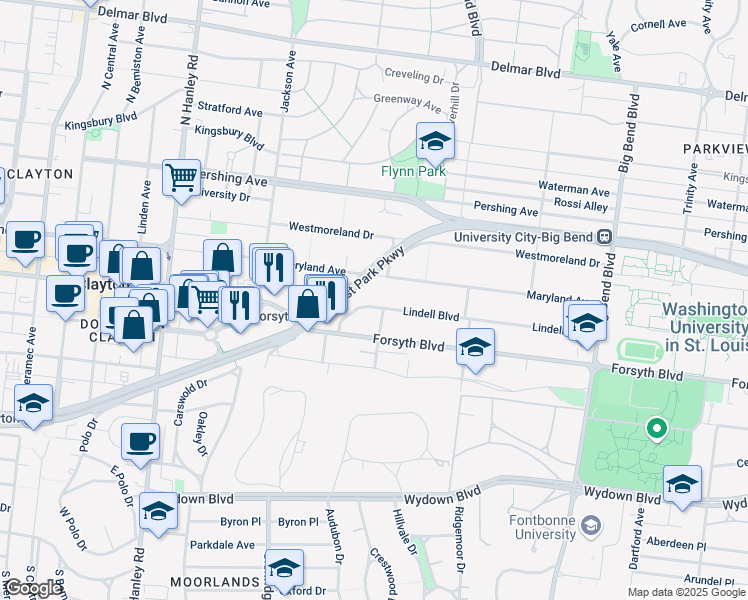 map of restaurants, bars, coffee shops, grocery stores, and more near 7312 Lindell Boulevard in University City