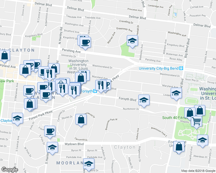 map of restaurants, bars, coffee shops, grocery stores, and more near 7312 Lindell Boulevard in University City