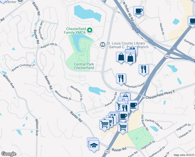 map of restaurants, bars, coffee shops, grocery stores, and more near 16346 Lydia Hill Drive in Chesterfield