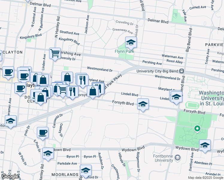 map of restaurants, bars, coffee shops, grocery stores, and more near 7315 Lindell Boulevard in University City