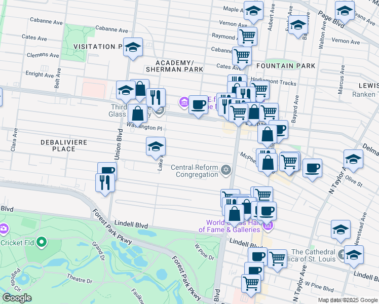 map of restaurants, bars, coffee shops, grocery stores, and more near 5106 Westminster Place in St. Louis