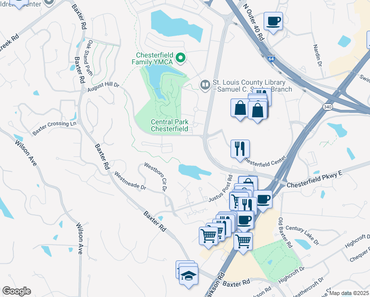 map of restaurants, bars, coffee shops, grocery stores, and more near 16346 Lydia Hill Drive in Chesterfield