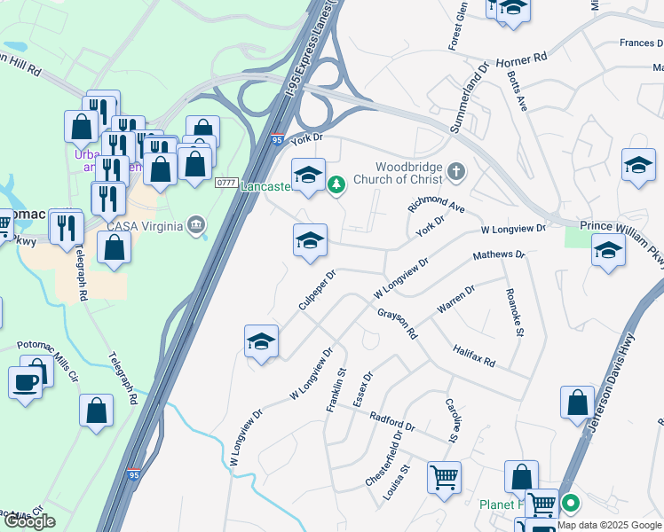 map of restaurants, bars, coffee shops, grocery stores, and more near 2120 Culpeper Drive in Woodbridge