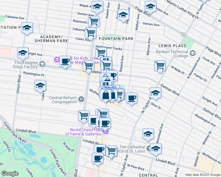 map of restaurants, bars, coffee shops, grocery stores, and more near 4763 Westminster Place in St. Louis