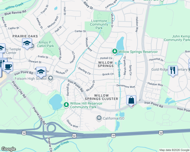 map of restaurants, bars, coffee shops, grocery stores, and more near 180 Marsh Hawk Drive in Folsom