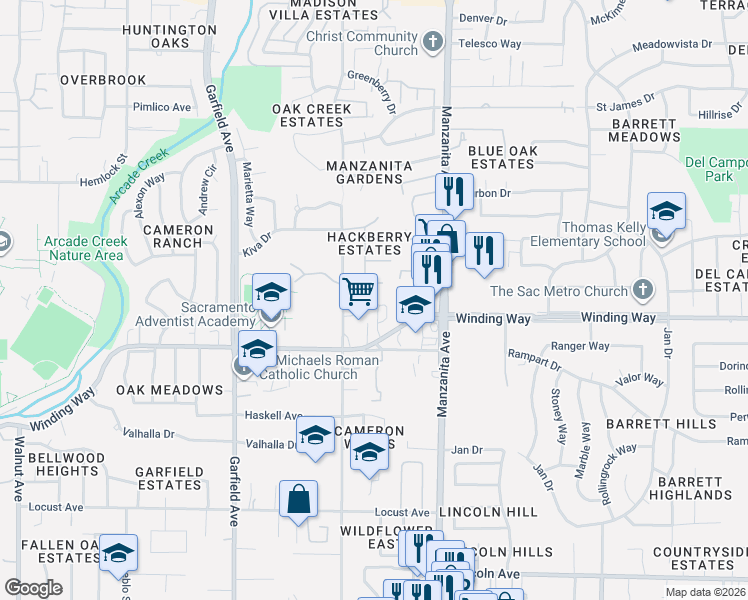 map of restaurants, bars, coffee shops, grocery stores, and more near 4660 Lue Lane in Carmichael