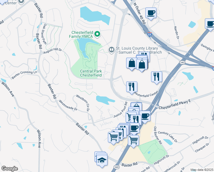 map of restaurants, bars, coffee shops, grocery stores, and more near 16346 Lydia Hill Drive in Chesterfield