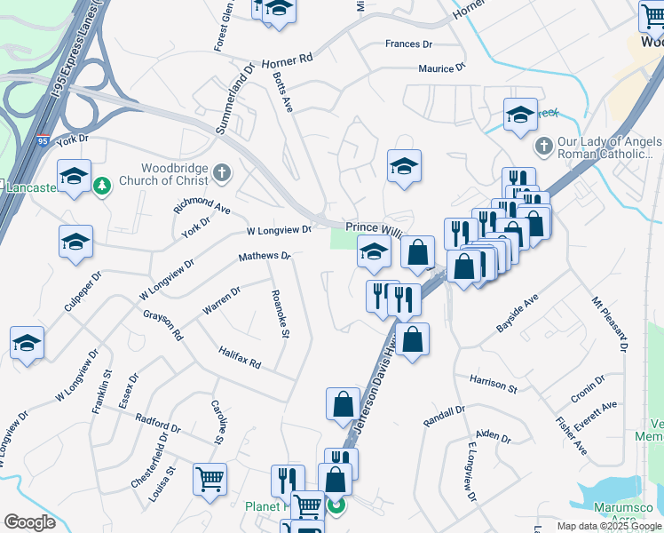 map of restaurants, bars, coffee shops, grocery stores, and more near 1864 Wigglesworth Way in Woodbridge