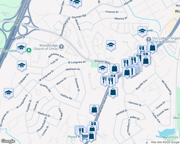 map of restaurants, bars, coffee shops, grocery stores, and more near 1876 Wigglesworth Way in Woodbridge