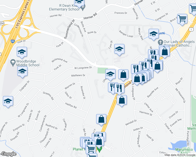 map of restaurants, bars, coffee shops, grocery stores, and more near 1864 Wigglesworth Way in Woodbridge